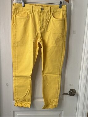 Jen 7 Women’s Yellow Slim Jeans with Scalloped Eyelet Hem